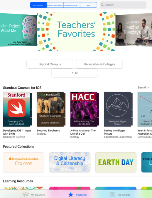Featured courses in All Categories in the iTunes U app.