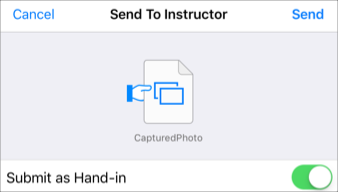 Send To Instructor pop-up displaying a CapturedPhoto file and the Submit as Hand-in control turned on.