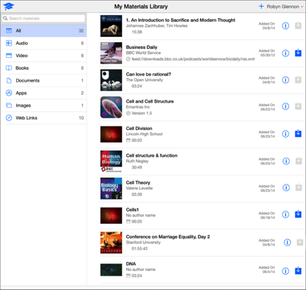 Ejemplo de Mi biblioteca de materiales de iTunes U en el que se ve todo el material añadido a iTunes U.