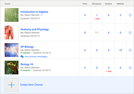 Exemple de tableau de bord d’iTunes U affichant les informations de deux cours en session et deux cours à rythme libre et notamment les messages, les discussions (1 nouvelle), les étudiants (1 nouveau) et les documents d’un cours.