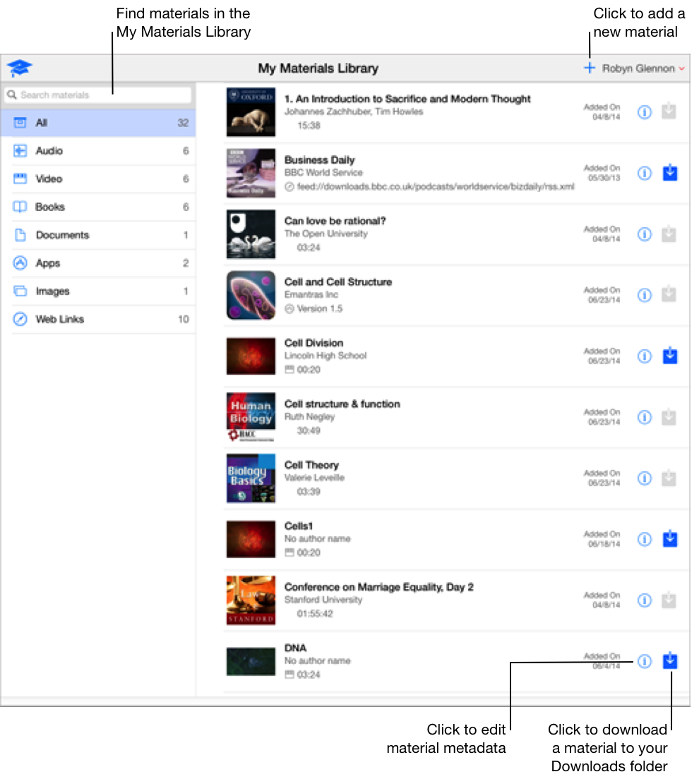 Esempio di Libreria materiali di iTunes U, che mostra tutti i materiali aggiunti ad iTunes U.