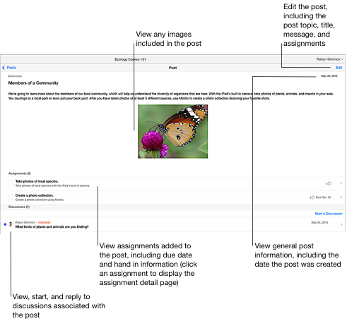 Esempio di pagina con i dettagli dei post con il post “Members of a Community” per il corso Ecology Course 101, compresi compiti e discussioni associati.
