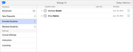Voorbeeld van deelnemerslijst in het venster 'iTunes U Admin | Ingeschreven studenten' toont de studenten die momenteel zijn ingeschreven zijn voor je cursus.