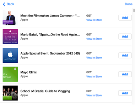 Venstermenu 'Zoek in Store'; zoeken naar inhoud van Apple. Zoekresultaten; pagina 'Bekijk meer' voor podcasts weergeven.