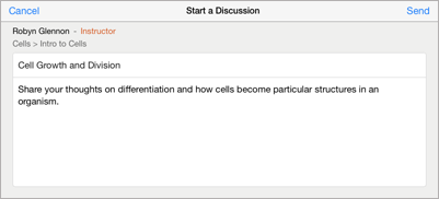 De iTunes U 'Begin een discussie'-voorbeeldpagina toont een berichtdiscussie met de naam van de docent, de cursusnaam en de discussie.