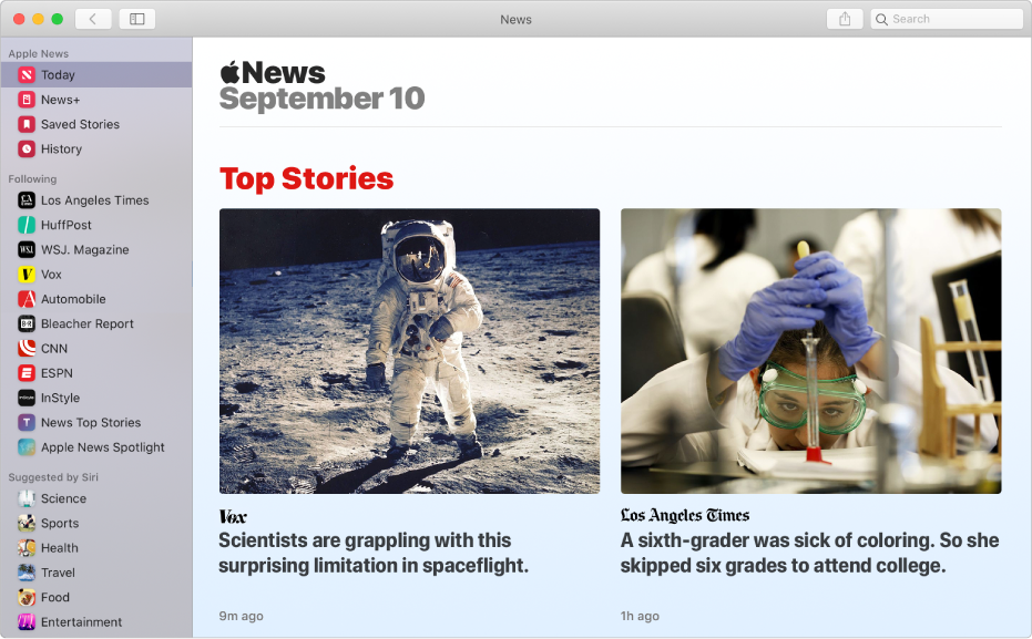 The Apple News window with the sidebar on the left and Top Stories on the right.