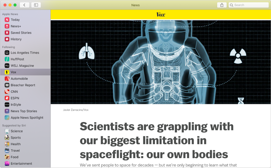 The sidebar in the Apple News window showing followed channels and topics, with a followed channel selected in the sidebar and a story from the channel on the right.