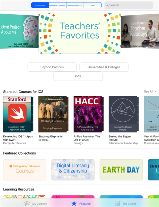 Featured courses in All Categories in the iTunes U app.