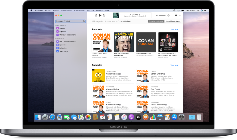Fenêtre Apple Podcasts affichant une chaîne de recherche et les résultats.