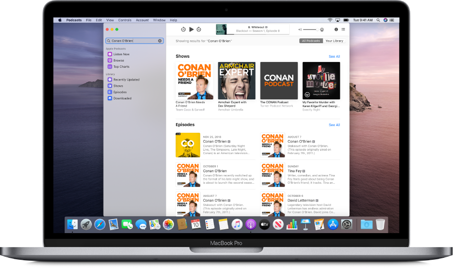 Fenêtre Apple Podcasts affichant une chaîne de recherche et les résultats.