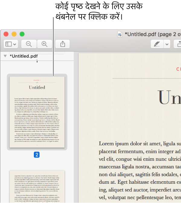 साइडबार में दिखाए गए थंबनेल के साथ PDF।