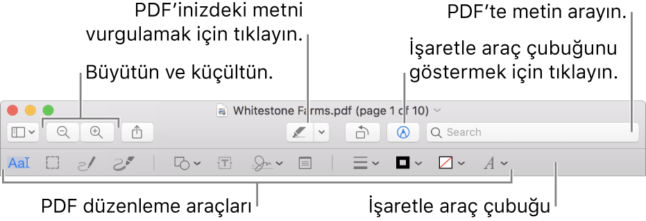 PDF’i işaretleme için İşaretleme araç çubuğu.