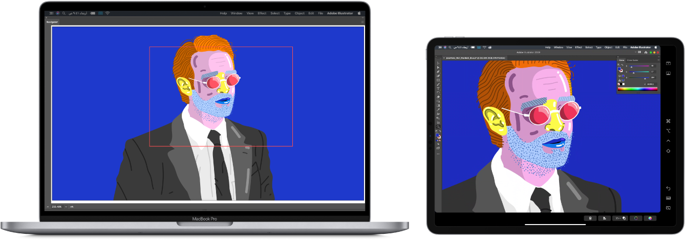 جهاز MacBook Pro و iPad جنبًا إلى جنب. يعرض الـ MacBook Pro عملاً فنيًا داخل نافذة المستكشف في Illustrator. يعرض الـ iPad نفس العمل الفني في نافذة مستند في Illustrator، محاطًا بأشرطة أدوات.