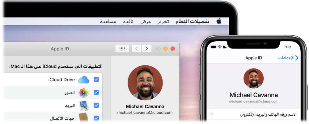 جهاز iPhone يعرض إعدادات iCloud وشاشة Mac تعرض نافذة iCloud.