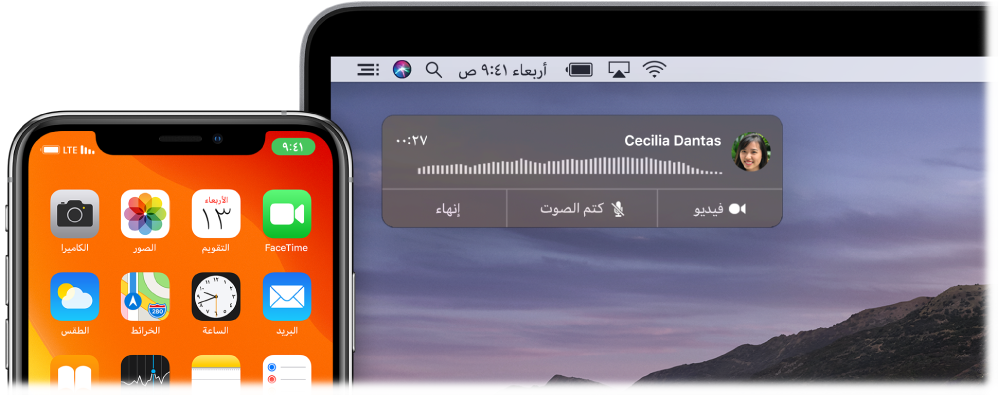 شاشة Mac تعرض نافذة إشعار المكالمة في الزاوية العلوية اليسرى، وiPhone يعرض أن مكالمة ما قيد التقدم من خلال الـ Mac.