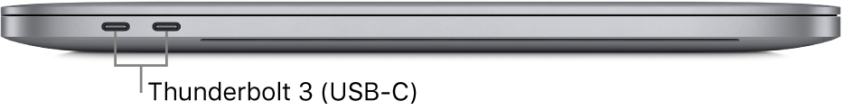 عرض للجانب الأيسر من MacBook Pro مع وسائل شرح لمنفذي Thunderbolt 3 ‏(USB-C).