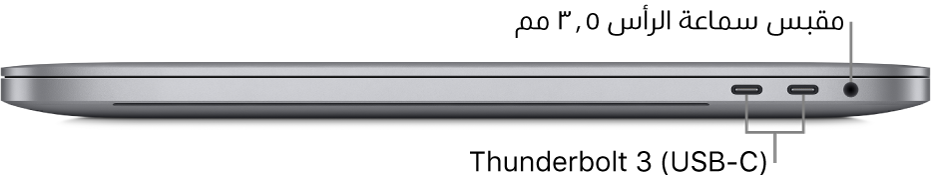عرض للجانب الأيمن من MacBook Pro مع وسائل شرح لمنفذي Thunderbolt 3 ‏(USB-C) ومقبس سماعة الرأس ٣,٥ مم.