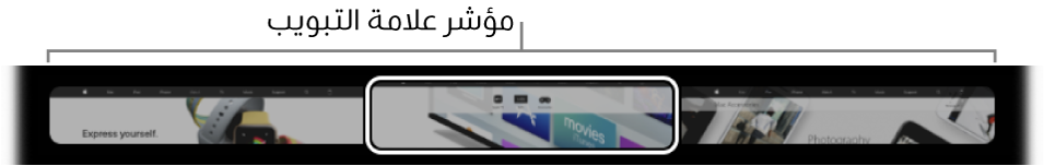 مؤشر علامات التبويب في الـ Touch Bar الخاص بتطبيق Safari. وهو يعرض معاينة صغيرة لكل علامة تبويب مفتوحة.