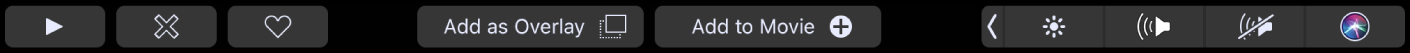 الـ Touch Bar الخاص بتطبيق iMovie ويعرض أزرار المفضلة، وحذف، وتشغيل، وإضافة إلى الفيلم، وإضافة كتراكب.