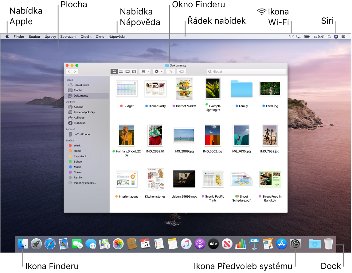 Obrazovka Macu, na níž je vidět nabídka Apple, plocha, nabídka Nápověda, okno Finderu, řádek nabídek, ikona Wi‑Fi, ikona Siri, ikona Finderu, ikona předvoleb systému a Dock