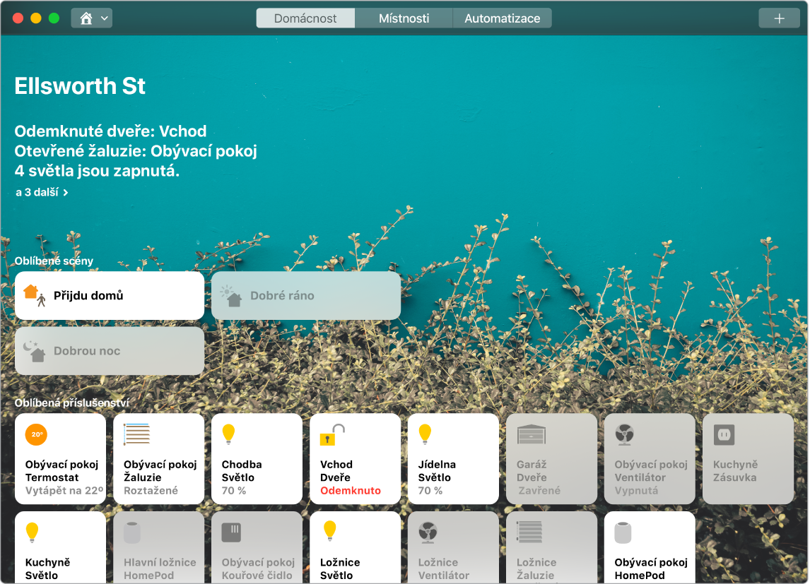 Aplikace Domácnost s oblíbenými scénami a oblíbeným příslušenstvím