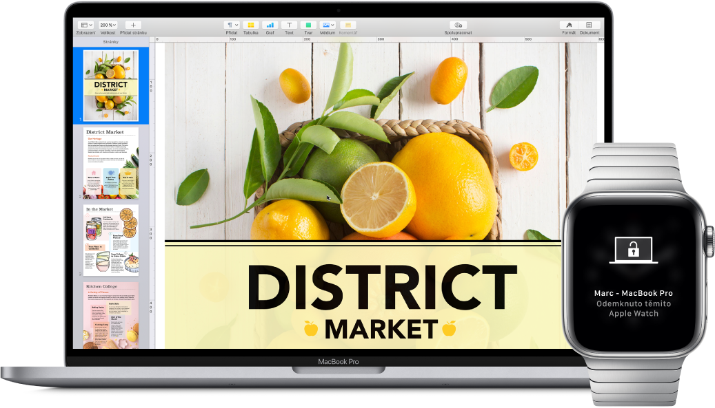 MacBook Pro a hodinky Apple Watch se zprávou, že Mac byl pomocí hodinek odemčen