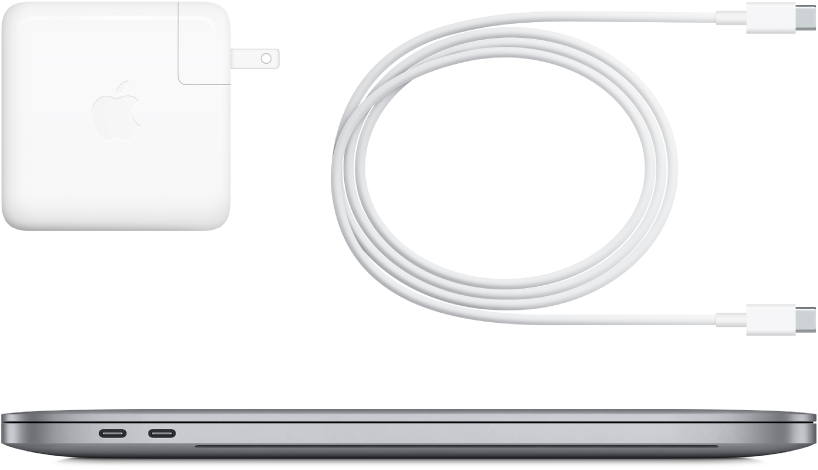 Boční pohled na 16palcový MacBook Pro s dodávaným příslušenstvím