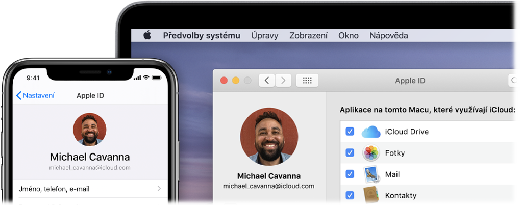 iPhone s nastaveními iCloudu a obrazovka Macu s oknem iCloudu