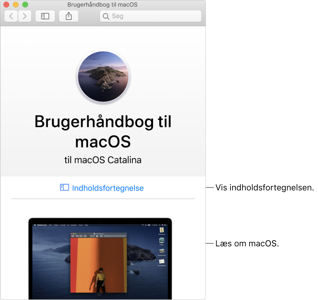 Velkomstsiden i Brugerhåndbog til macOS, der viser linket Indholdsfortegnelse.