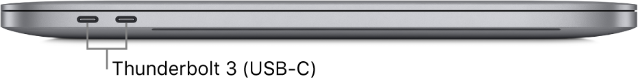 Den venstre side af en MacBook Pro med billedforklaringer til Thunderbolt 3-porte (USB-C).
