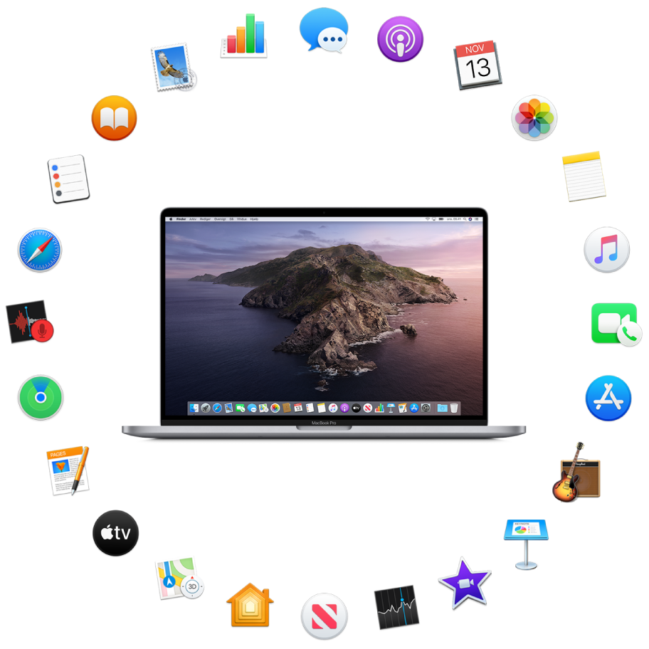 En MacBook Pro omgivet af symboler for de indbyggede programmer, der beskrives i de følgende afsnit.