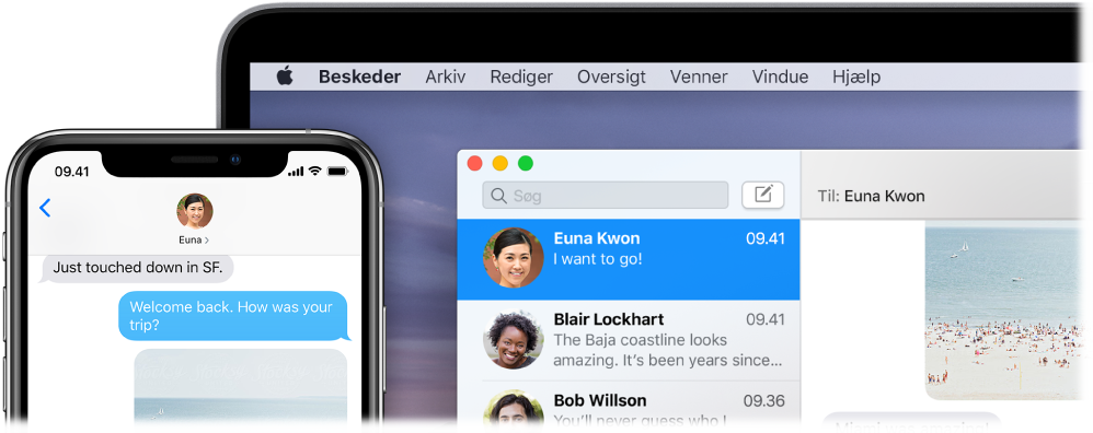 Programmet Beskeder, der er åbent på en Mac og viser den samme samtale på en iPhone.