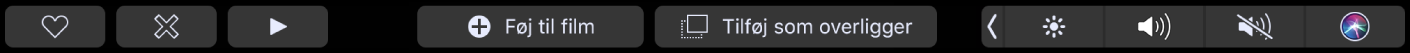 Touch Bar til iMovie, som viser knapper til favorit, til at slette, afspille, føje til film og tilføje som overligger.