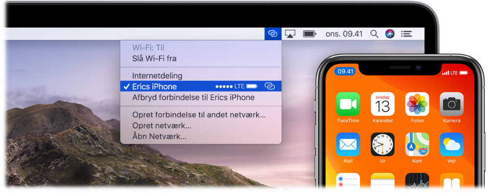 En Mac-skærm, hvor Wi-Fi-menuen viser Internetdeling til en iPhone.