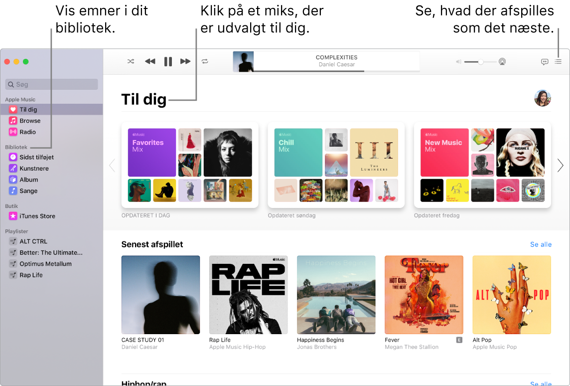 Et Musik-programvindue, der viser, hvordan du kan se dit bibliotek, lytte til Apple Music og se, hvad der afspilles som det næste.