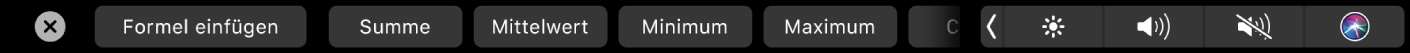 Die Numbers-Touch Bar mit angezeigten Tasten für Formeln Dazu gehören „Summe“, „Durchschnitt“, „Minimum“, „Maximum“ und „Anzahl“.
