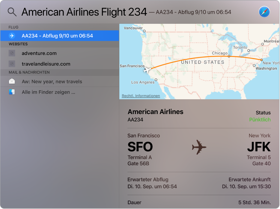 Das Fenster „Spotlight“ zeigt eine Karte und die Fluginformationen für den gesuchten Flug an.