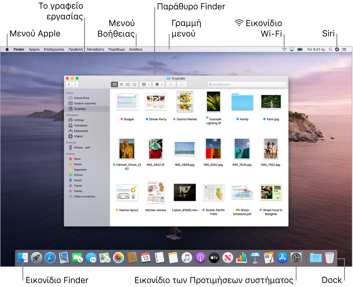 Η οθόνη του Mac όπου φαίνονται το μενού Apple, το γραφείο εργασίας, το μενού «Βοήθεια», ένα παράθυρο Finder, η γραμμή μενού, το εικονίδιο Wi-Fi, το εικονίδιο «Ερώτηση στο Siri», το εικονίδιο Finder, το εικονίδιο «Προτιμήσεις συστήματος» και το Dock.