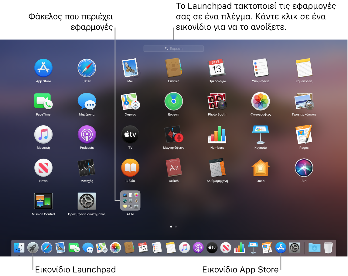 Οθόνη του Mac με ανοιχτό το Launchpad, στην οποία φαίνεται ένας φάκελος εφαρμογών στο Launchpad και το εικονίδιο του Launchpad και το εικονίδιο του Mac App Store στο Dock.