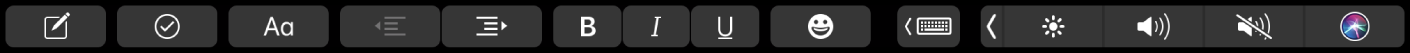 The Notes Touch Bar with text formatting buttons. Formatting controls include left and right align, bold, italic, and underline. There’s also a button to show typing suggestions.