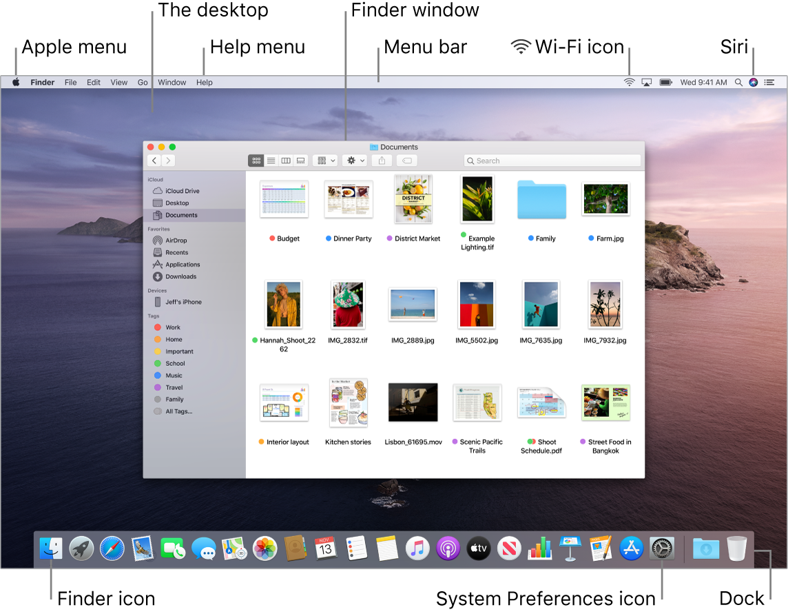 A Mac screen showing the Apple menu, the desktop, the Help menu, a Finder window, the menu bar, the Wi-Fi icon, the Ask Siri icon, the Finder icon, the System Preferences icon, and the Dock.