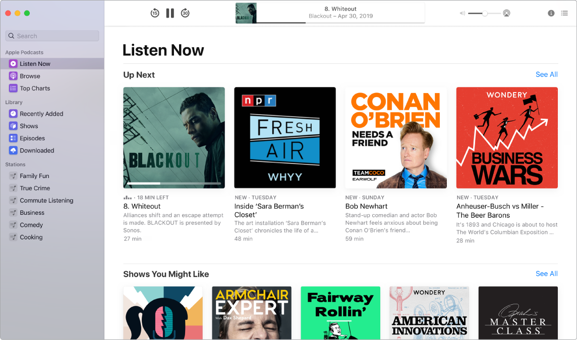 A Podcasts window showing the search field and results.
