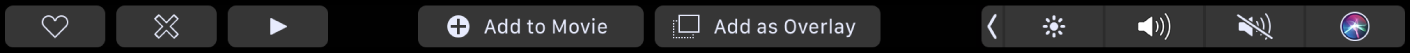 The iMovie Touch Bar showing buttons for favorite, delete, play, add to movie, and add as overlay.