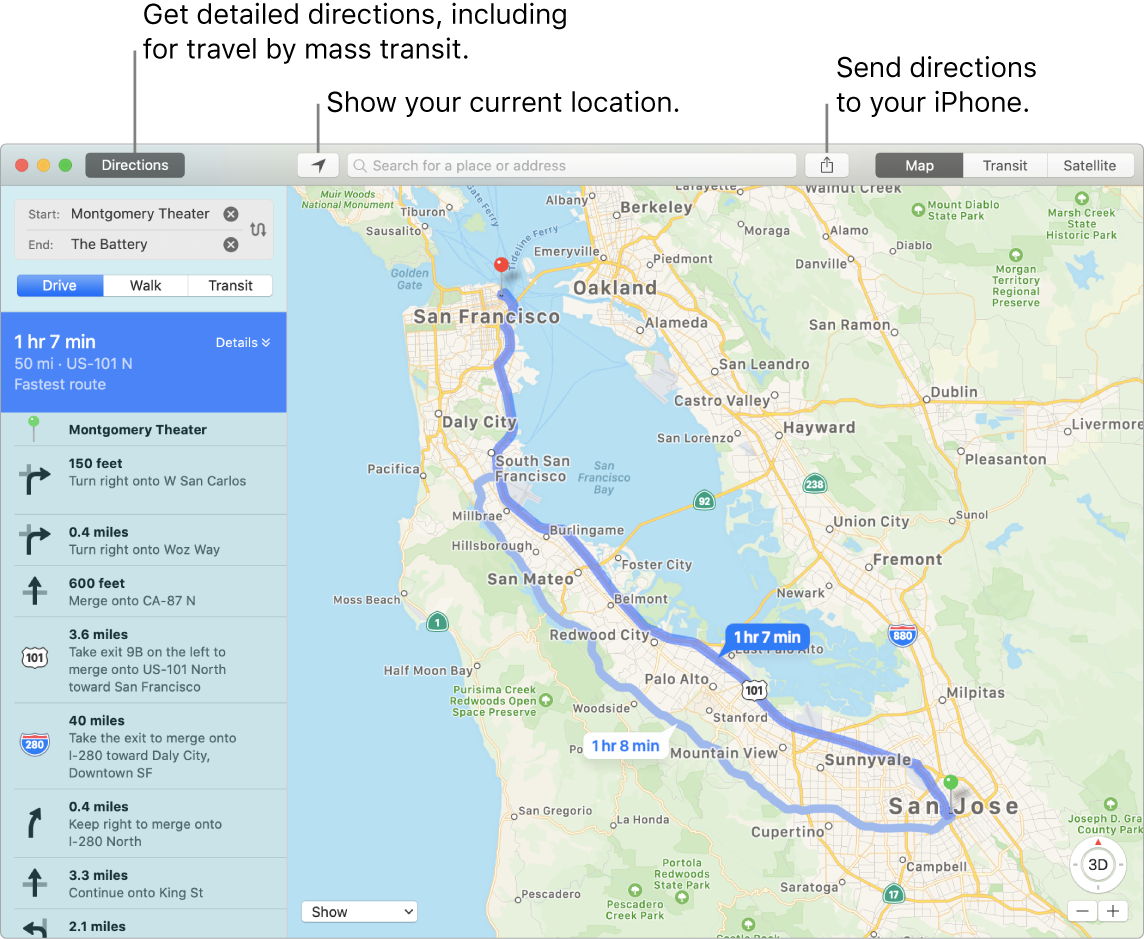A Maps window showing how to get directions by clicking Directions in the top left, and how to send directions to iPhone using the Share button.