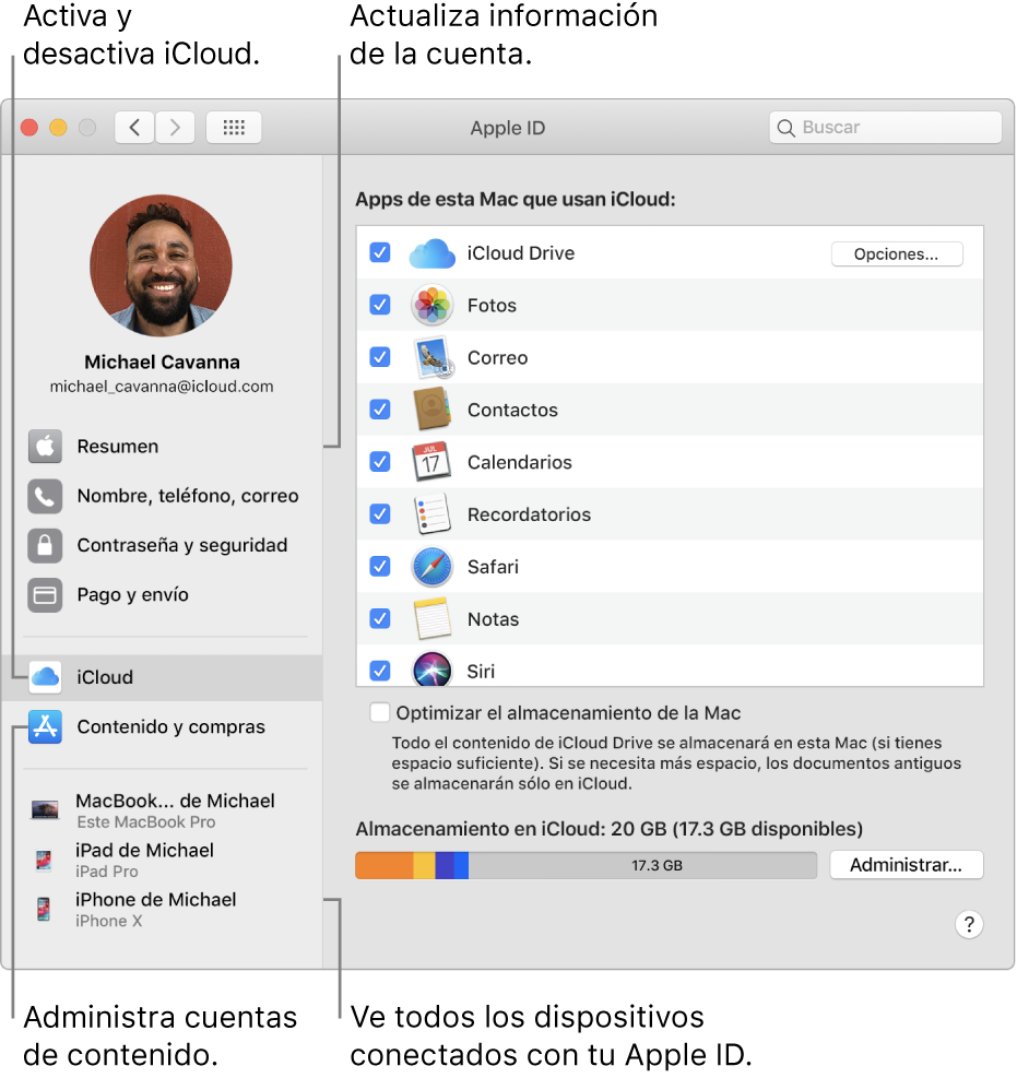 El panel Apple ID de Preferencias del Sistema. Haz clic en un elemento en la barra lateral para actualizar la información de tu cuenta, activar o desactivar iCloud, administrar cuentas de contenido o ver todos los dispositivos en los que has iniciado sesión con tu Apple ID.