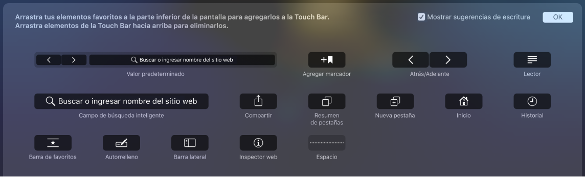 Las opciones Personalizar Safari que se pueden arrastrar a Touch Bar.