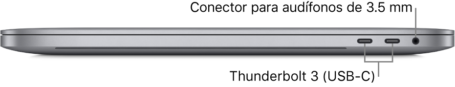 Vista lateral derecha de una MacBook Pro con textos que indican los dos puertos Thunderbolt 3 (USB-C) y la entrada para audífonos de 3.5 mm.