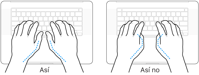 Manos posicionadas sobre un teclado, mostrando la alineación correcta e incorrecta de los pulgares.