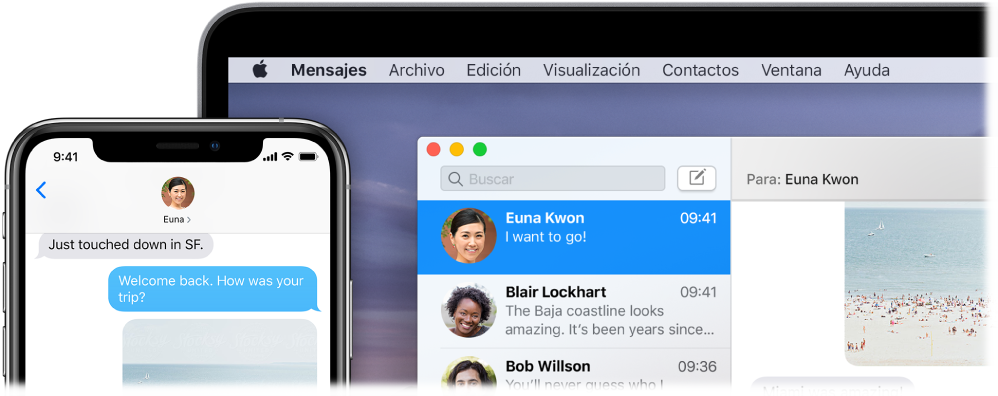 La app Mensajes abierta en una Mac mostrando la misma conversación en Mensajes en un iPhone.