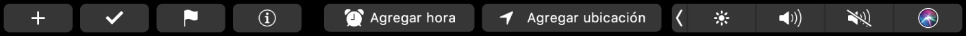 La Touch Bar de Recordatorios para crear recordatorio, marcar como completado, marcar con indicador, “Agregar hora” y “Agregar ubicación”.